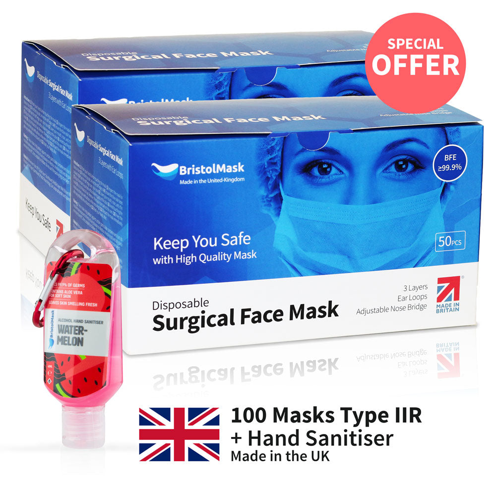 100 Disposable Medical Face Masks Type II + Hand Sanitiser British Made