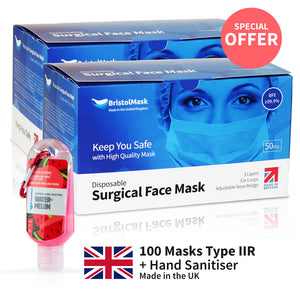 100 Disposable Medical Face Masks Type II + Hand Sanitiser British Made