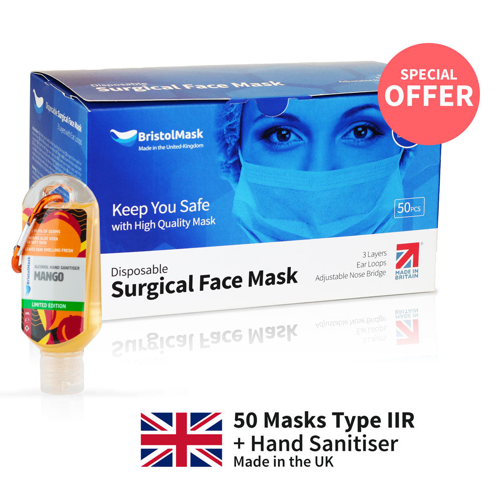 50 Disposable Medical Face Masks Type II + Hand Sanitiser British Made